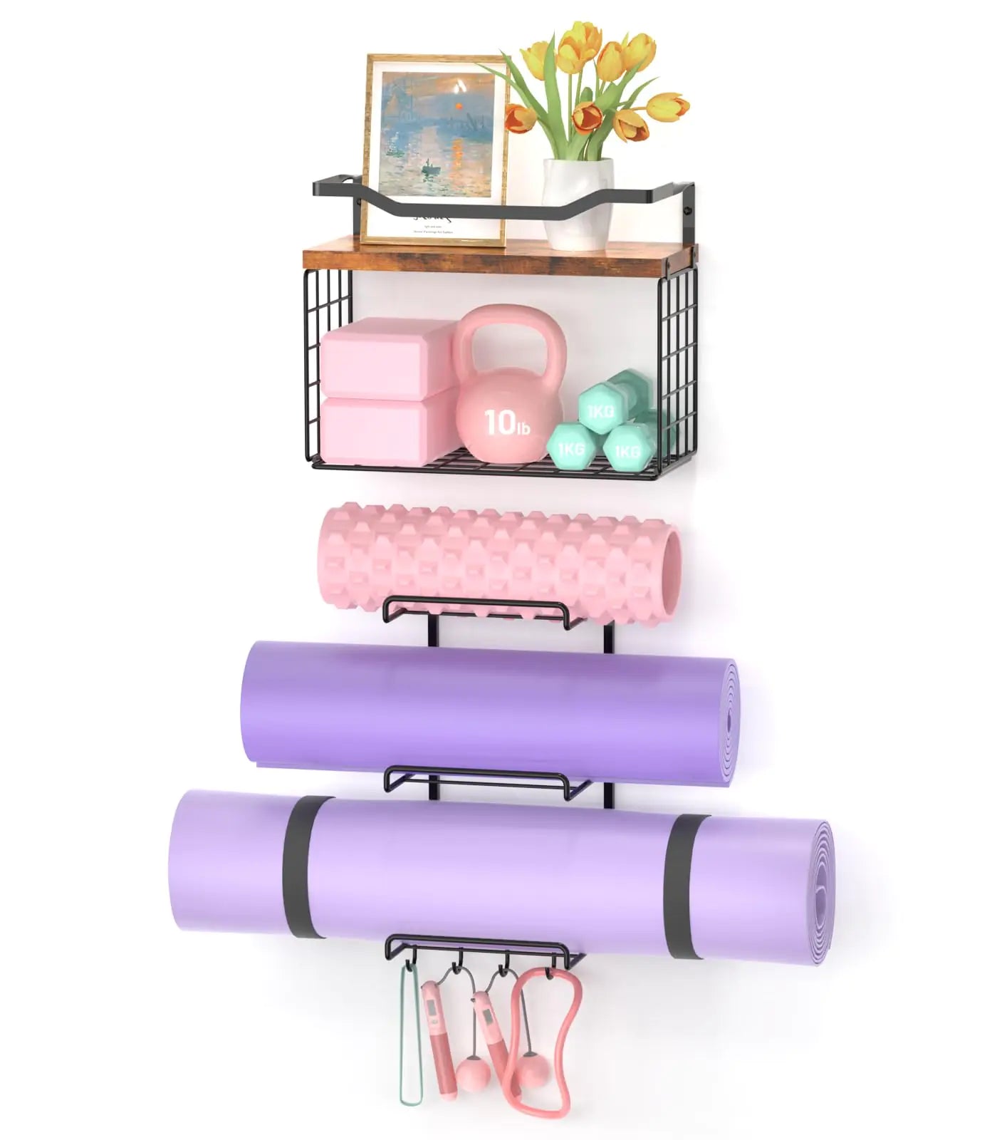 Yoga Mat Holder Wall Mount Yoga Accessory Mats Storage Rack Home Gym Accessories Organizer Storage With Wood Floating Shelves Storage Basket and 4 Hook For Hanging Yoga Strap & Resistance Bands