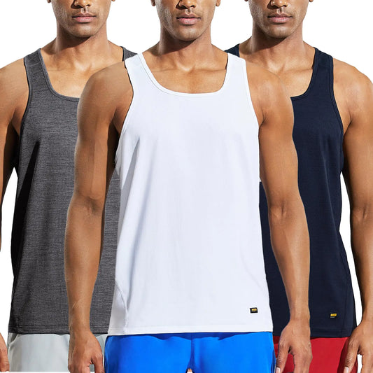 MIER Quick Dry 3 Pack Sleeveless Tank Tops for Mens Workout Moisture Wicking Athletic Gym Shirts Heather Graphite Grey/Heather Dark Blue/White S