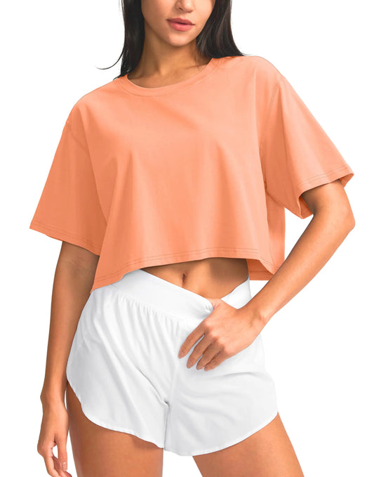 SANTINY Cotton Crop Workout Tops for Women Short Sleeve Running Shirts Cropped T-Shirt Yoga Athletic Gym Tops (Coral_L)
