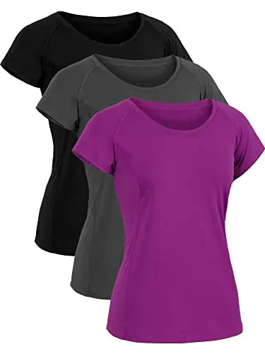 CADMUS Women's Dry Fit Workout Tees 3-Pack - Black, Grey, Purple, XL