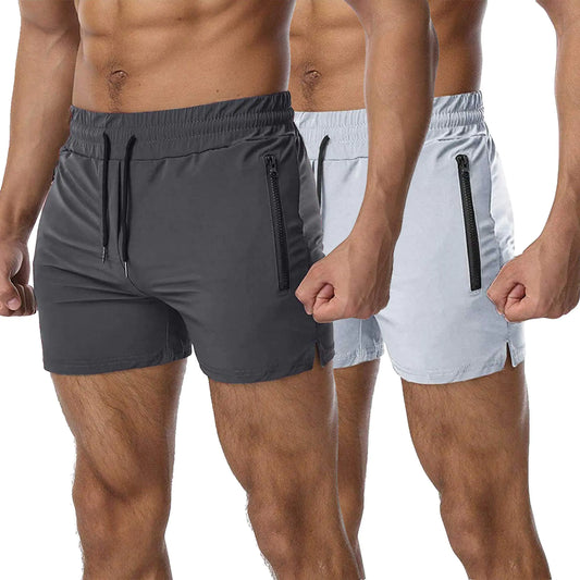 EVERWORTH Quick-Dry Athletic Shorts Set for Men - Grey Tone Zip Pockets, Medium