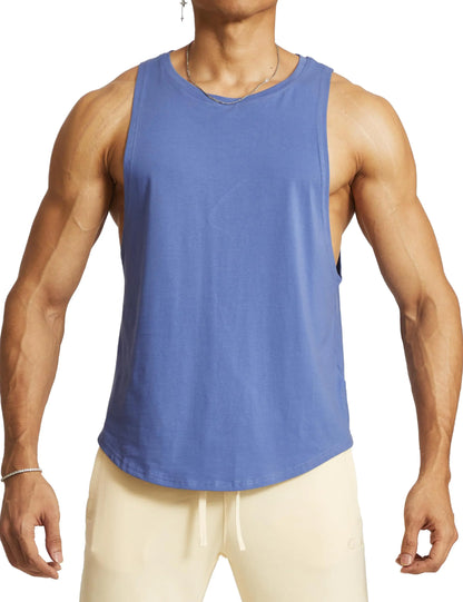 Ouber Men’s Drop Arm Tank Top Gym Workout T-Shirts Sleeveless Muscle Shirts for Bodybuilding Faded Blue M