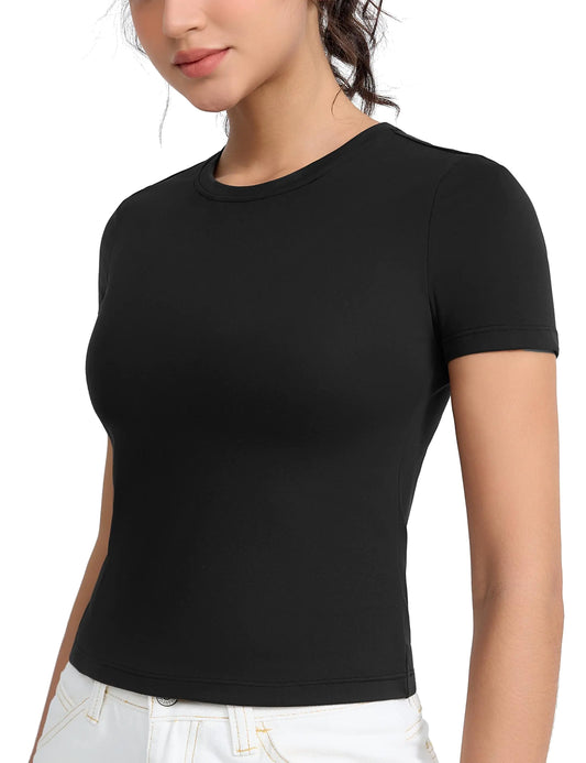 THE GYM PEOPLE Womens Slim Fit Soft Workout T-Shirts Crew Neck Short Sleeve Casual Tee Tops Black