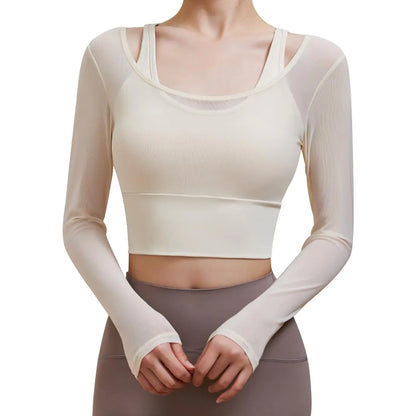 Harssidanzar Women's Yoga & Gym 2-in-1 Long Sleeve Mesh Top with Sports Bra - White Large