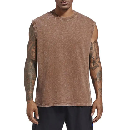 Wrenpies Mens Cotton Workout Gym Tank Top Sleeveless Cut Off Muscle Shirts Acid Wash Tshirts Running Beach Loose Fit Tees (CoffeeL)