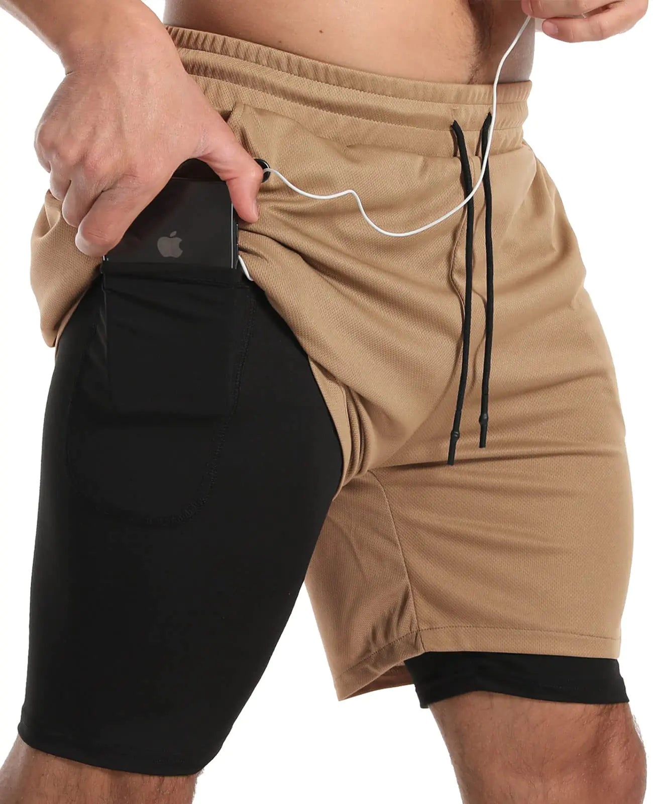 JWJ Mens Running Athletic Workout Sports Mens 2 in 1 Shorts Breathable Gym Short for Men with Pocket Khaki Black XX-Large