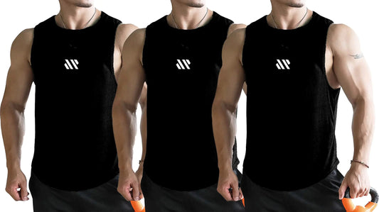 Mens Tank Tops 3 Pack Sleeveless Workout Mesh Material Quick Dry Athletic Running Gym Muscle Beach Fitness Shirts (LargeBlack*3)