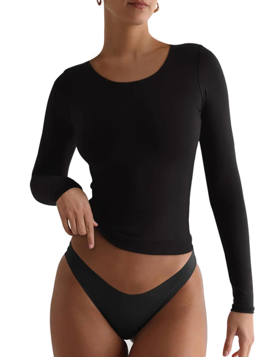 REORIA Womens Crew Neck Long Sleeve T Shirts Double Lined Tops Casual Basic Tight Shirts Black XX-Large