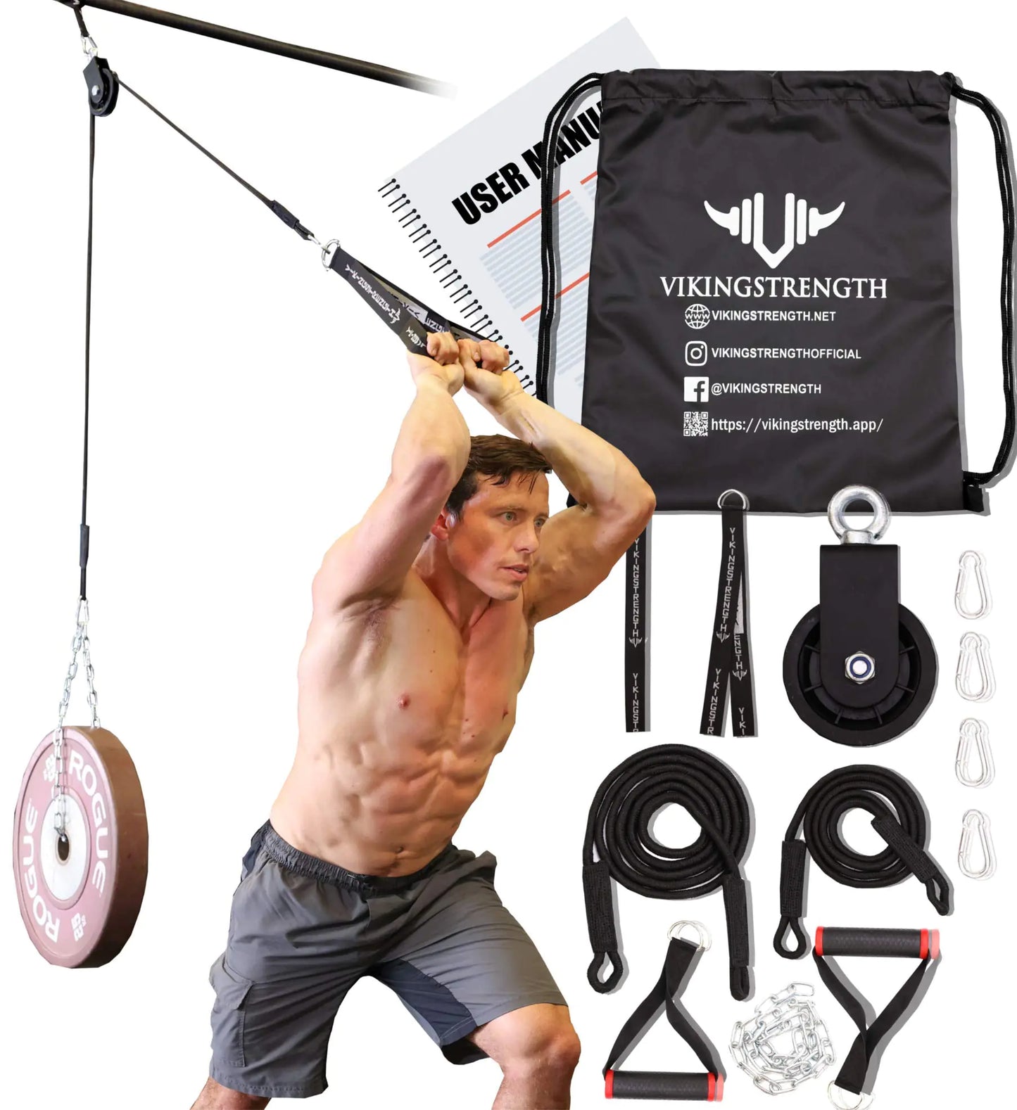 Vikingstrength Pulley System Cable Pulley Gym Equipment Machine for Home for Triceps Pull Down Biceps Curl Back Forearm and LAT Pulldown Garage Gym Gym Equipment + V-Strength Workout App