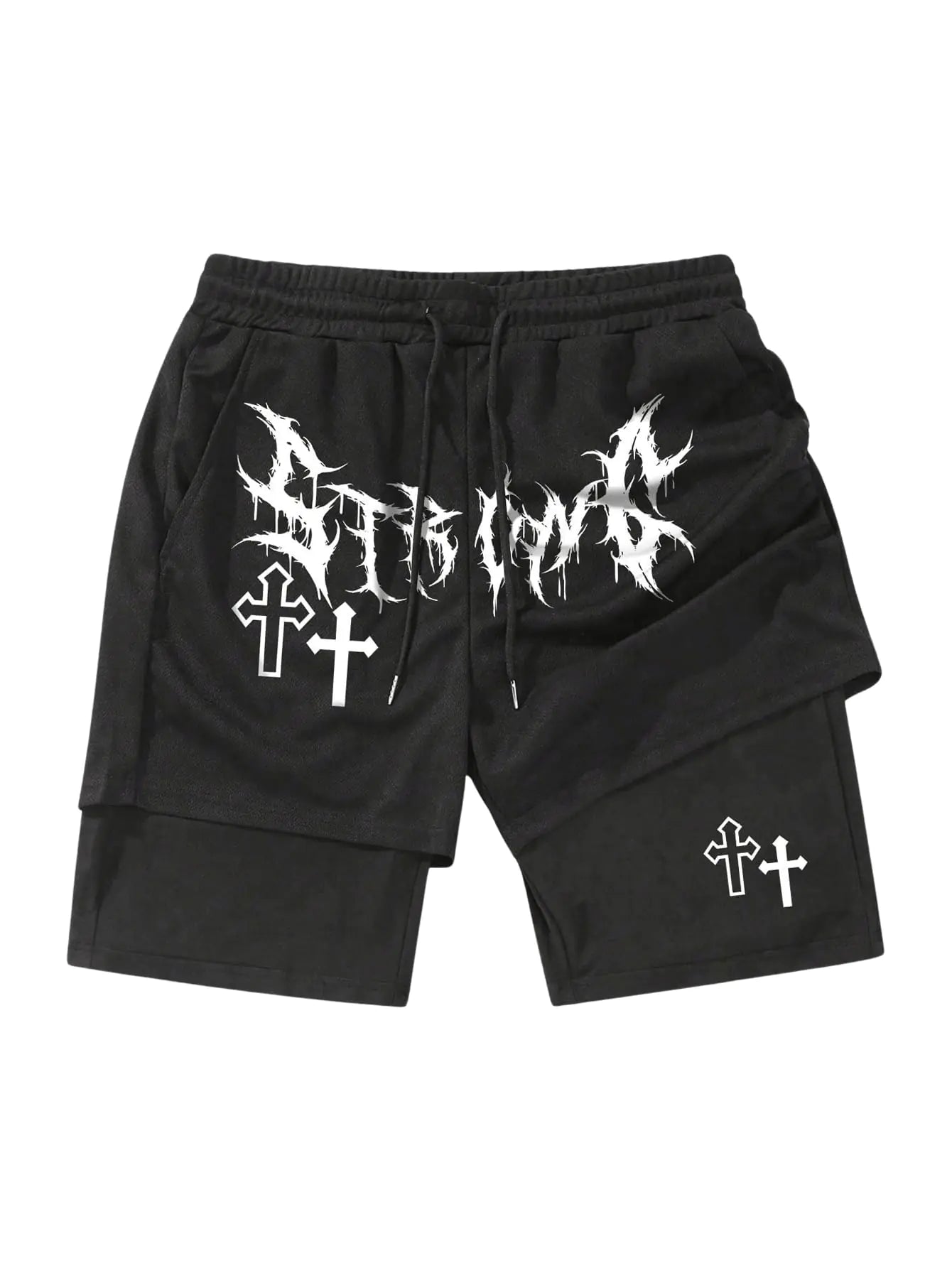 SHENHE Men's 2-in-1 Cross Print Gym Shorts - Black XS
