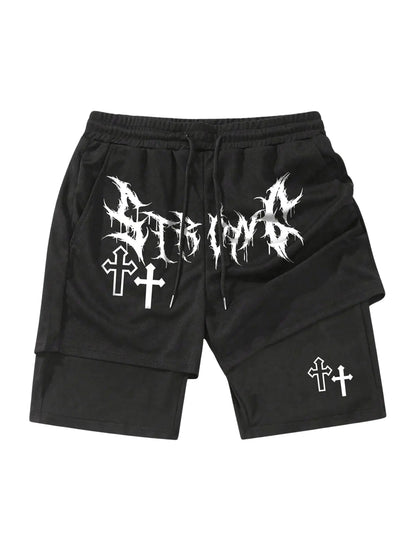 SHENHE Men's 2-in-1 Cross Print Gym Shorts - Black XS