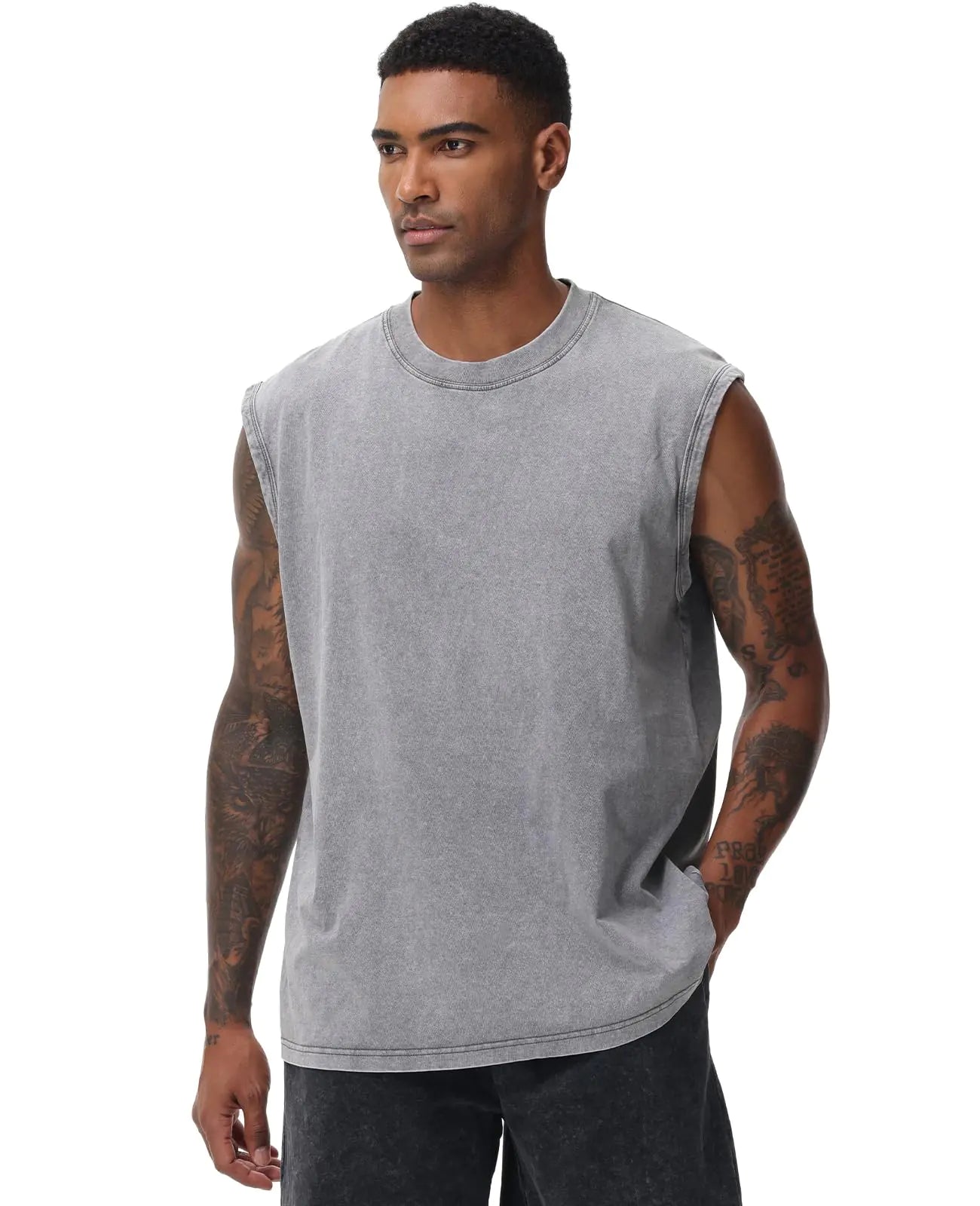 Mens Workout Tank Tops Sleeveless Tee Shirts Men Muscle Shirt Gym Acid Wash T Shirts Running Beach Loose Fit Tee(GYXL) Grey