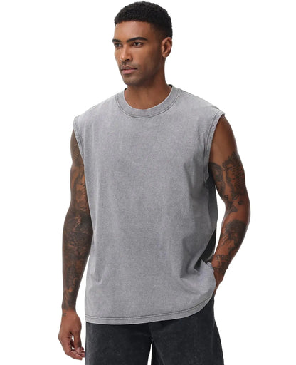 Mens Workout Tank Tops Sleeveless Tee Shirts Men Muscle Shirt Gym Acid Wash T Shirts Running Beach Loose Fit Tee(GYXL) Grey